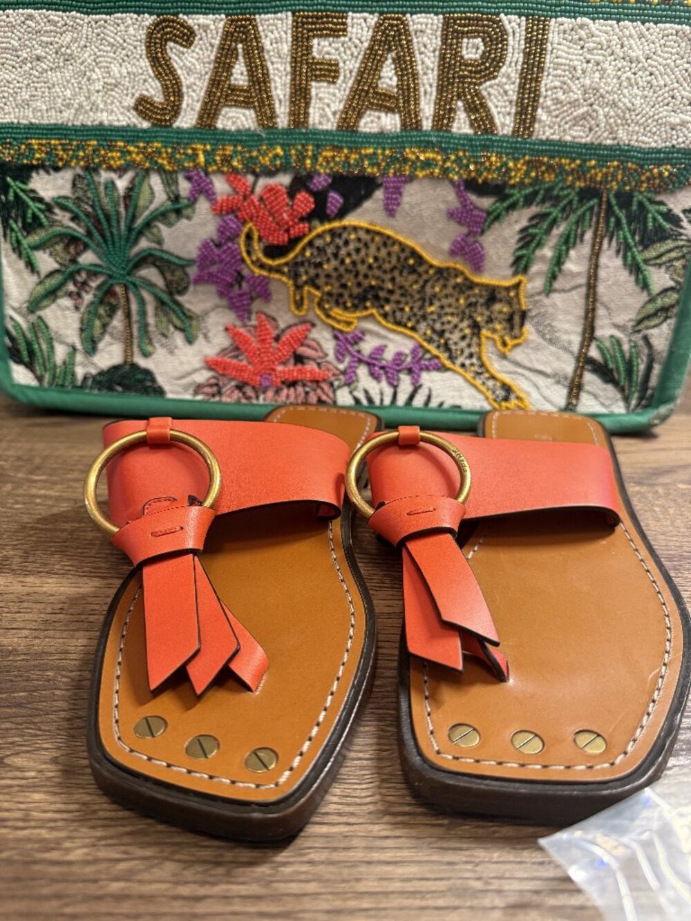 FRAME Leather Ring Thong Flat Sandals Orange Gold Hardware Size 35 / US 5
